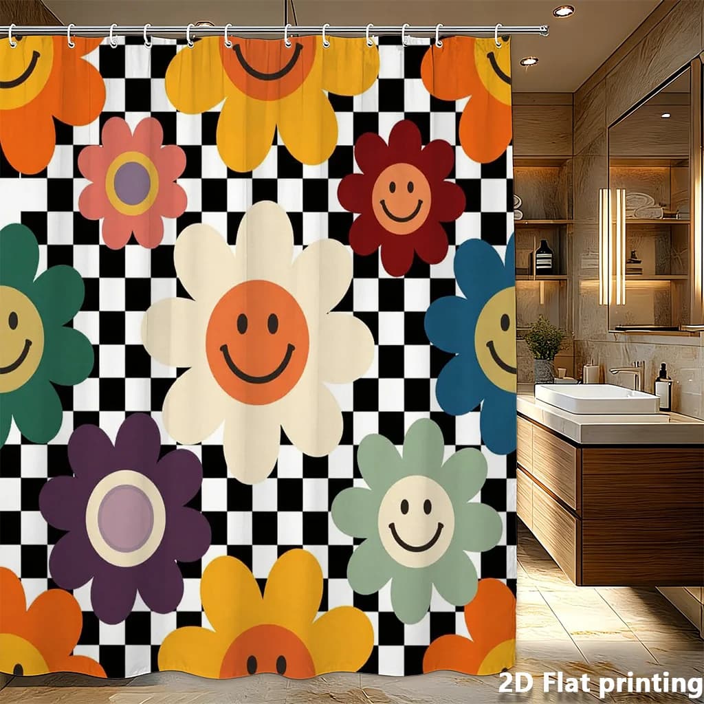Tenda da doccia con fiori sorridenti – Fiori colorati su scacchiera bianca e nera, stampa piatta 2D, poliestere, 71x71 pollici