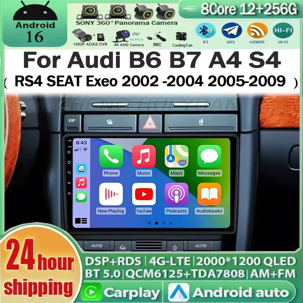 For Audi B6 B7 A4 S4 RS4 SEAT Exeo 2002 -2004 2005-2009 Android 16 Car Radio Multimedia Video Player Carplay 2 din Bluetooth