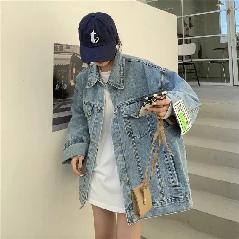 Giacca di Jeans Oversize Moda Urbana per Donna, Stile Coreano, Maniche Lunghe, Bottoni, Nuova Collezione 2026