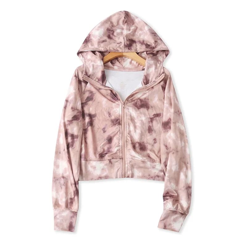 Women's Short Ice Silk Hoodie Zipper Cardigan Spring Autumn Fashion New Style Dyeing Sweatshirt Casual Loose Fit Long Sleeve