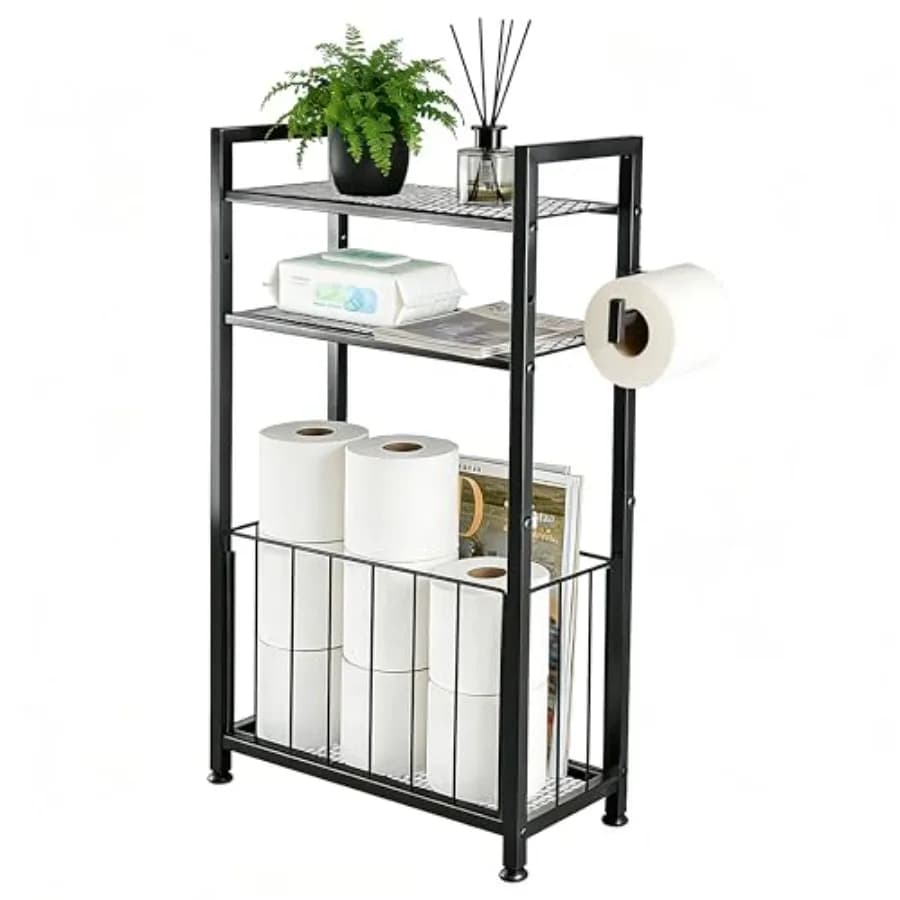 Free Standing Toilet Paper Holder with Shelf, Adjustable Feet Bathroom Toilet Paper Holder Stand for Narrow Space, Roll Dispens