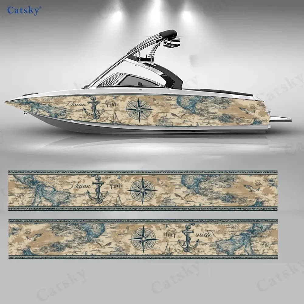 2Pcs Anchor & Compass Boat Stickers, PVC Waterproof Durable Vinyl Wrap Decals for Fishing Boats, Durable and Stylish Design