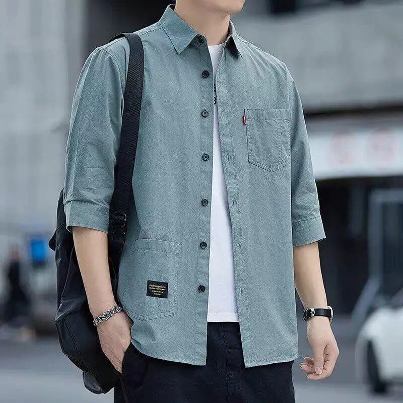 Casual Short Sleeve Shirt Men's Summer Thin Seven-Five Sleeve Shirt Wear-Resistant Dirt-Resistant Six-Five Sleeve Jacket