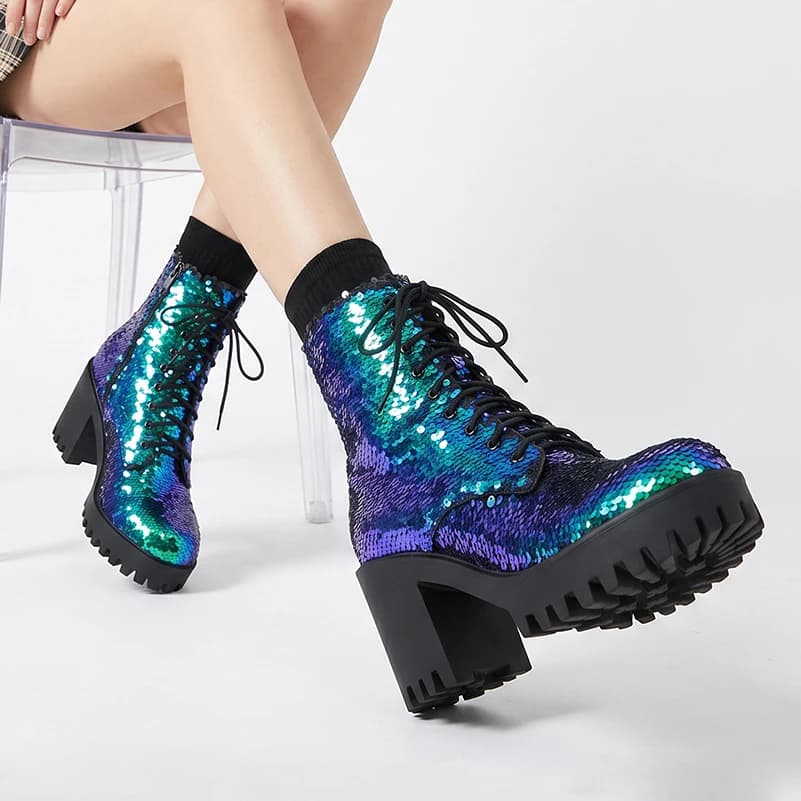 Fabric Inlaid Tiny Shiny Sequins Lace Up Block Heel Ankle Boots For Women, Color Changing Platform Booties With Side Zipper