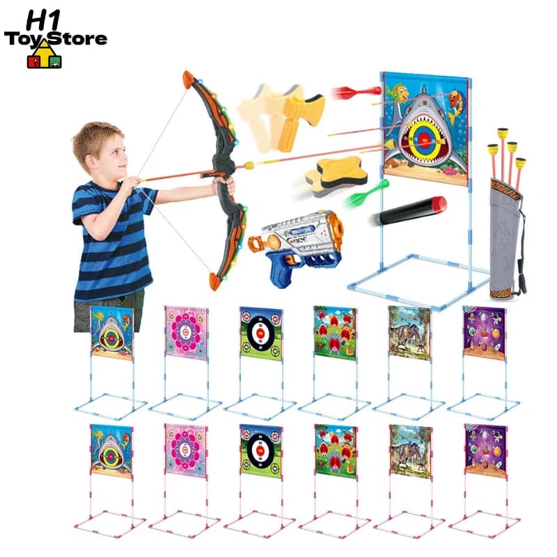 Set da gioco di tiro 3 in 1: pistola e freccette morbide per tiro con l'arco con bersaglio, giocattoli per interni ed esterni per bambini, ragazzi e ragazze
