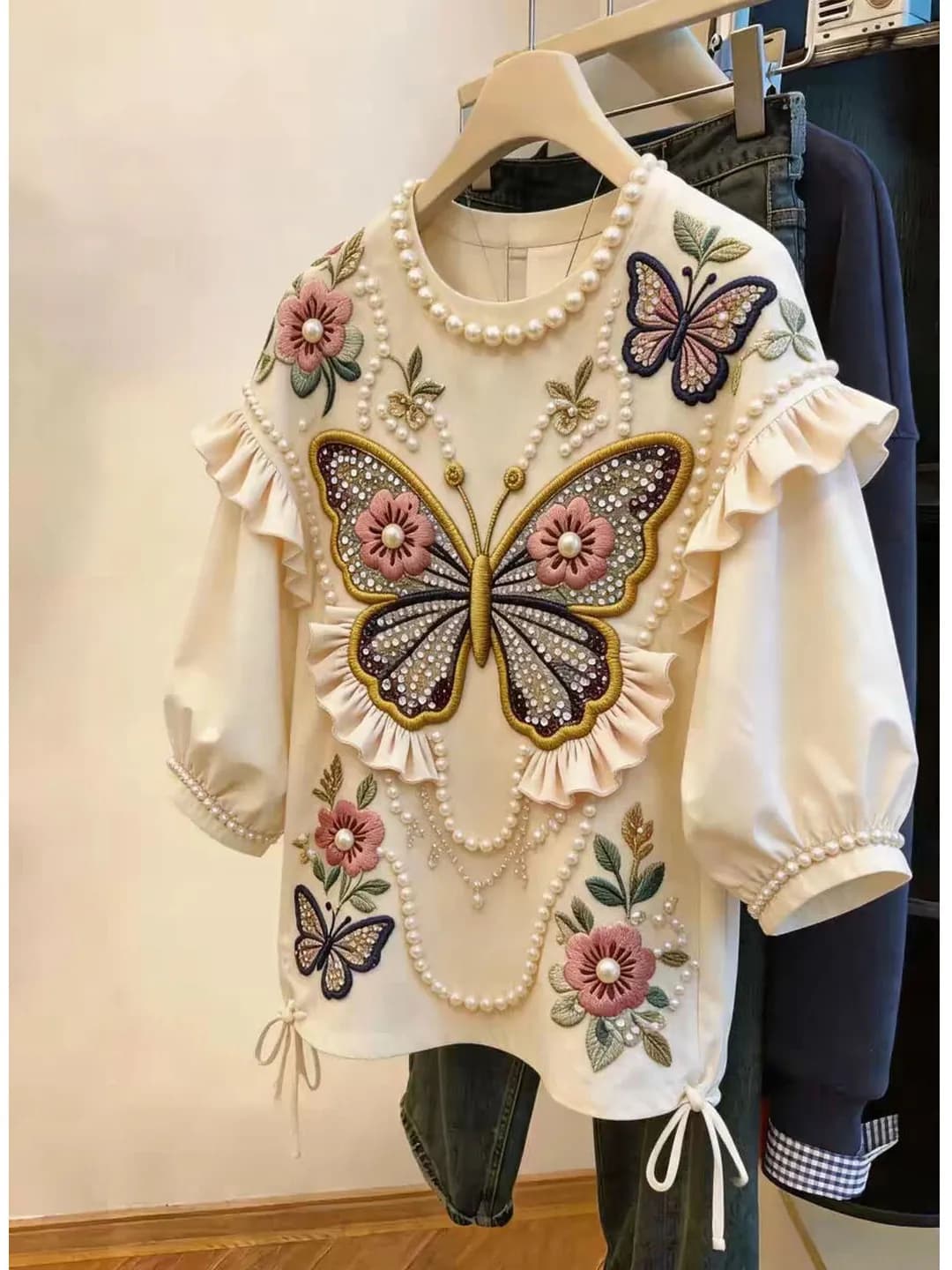 Summer 2026 Casual Chic Women's T-shirt Embroidered Bead Floral Print Blouse Fashionable Korean Style Loose Fit round Neck