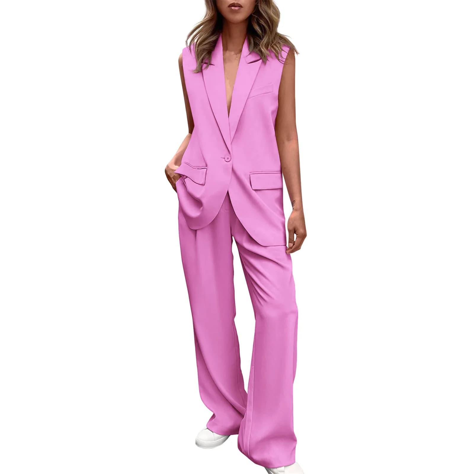 Abiti da donna eleganti Set da 2 pezzi Set di pantaloni gilet Set di gilet senza maniche con scollo a V estivo + Pantaloni a gamba larga Abiti per donna 2025 Nuovo