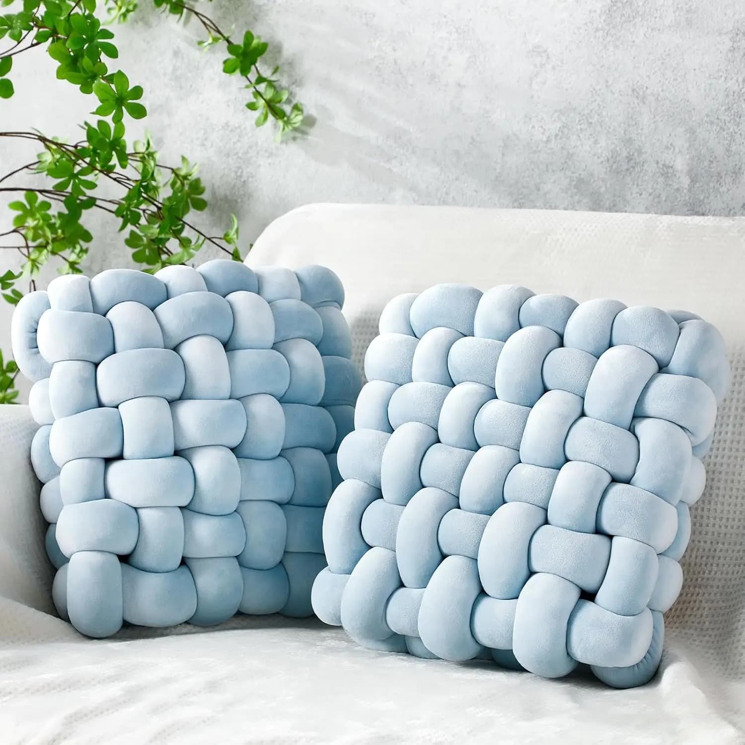 Square decorative cushions tied in plush, pack of 2, soft decorative cushions for sofa and bed, 12''' x 13''' in blue ice crystal velvet