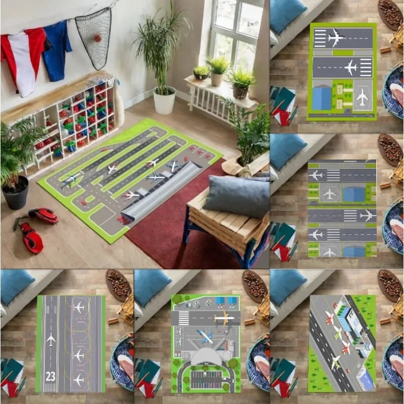 Tappeti per giochi per bambini Strisce di atterraggio per aeroporto Vista dall'alto Aerei e aeroplani Arrivo Tappeto Camera da letto per bambini Sala giochi Asilo nido Decorazione 3D