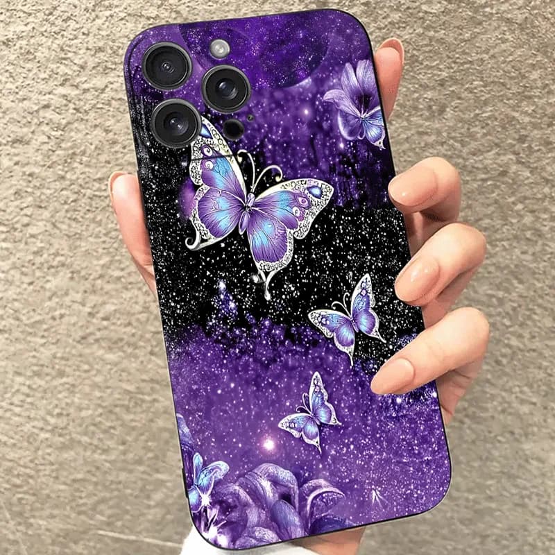 Dreamy Purple Butterfly Starry Sky Phone Case Suitable for iPhone 17 16 15 14 13 12 11 Pro/Max/Plus Anti Drop and Anti Shock
