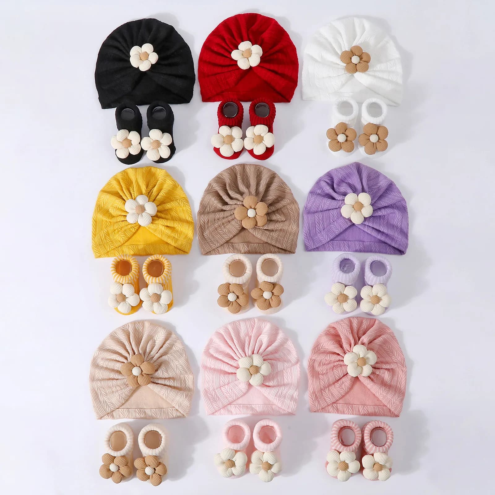 Nuovo 1 set floreale cappelli per bambini calzini neonato morbido solido Prewalker carino calzino lavorato a maglia cappello ragazza infantile carino berretto berretti turbante calzini