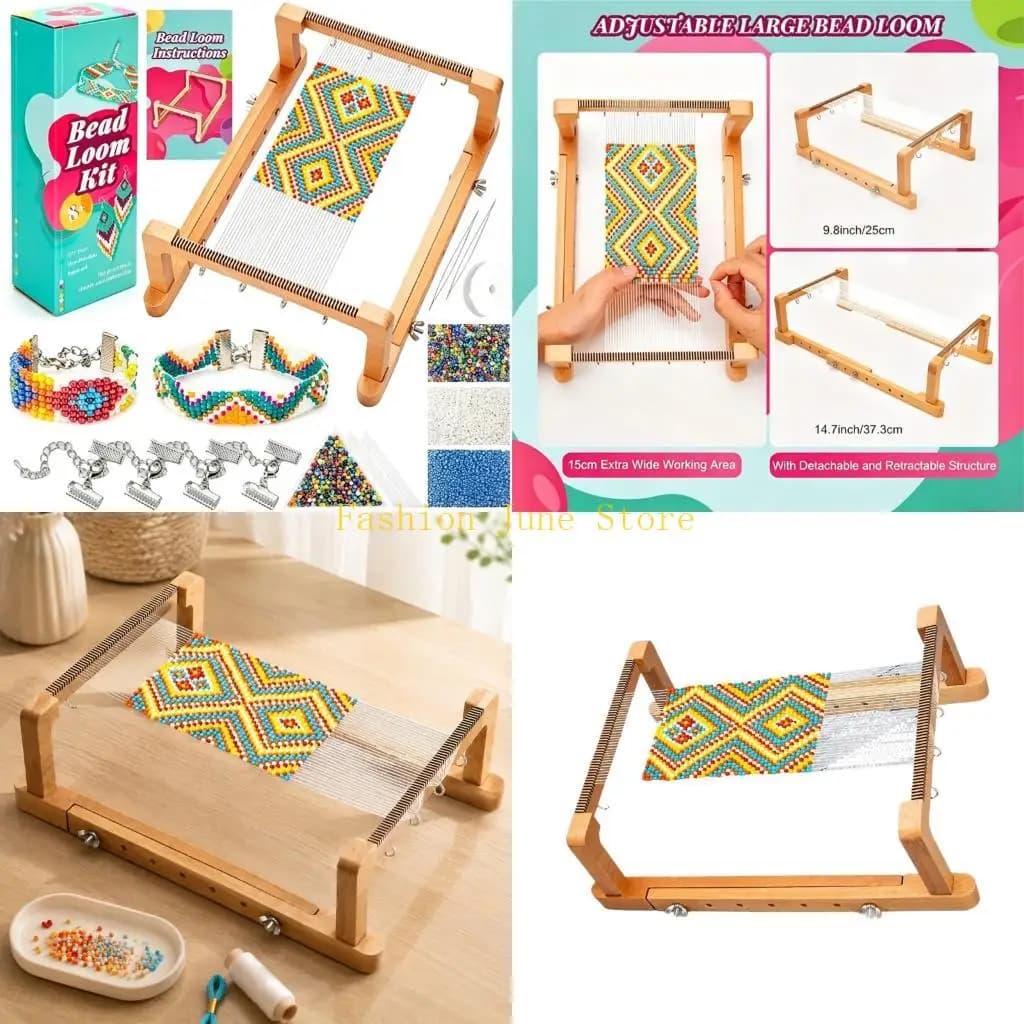N5KA Beginner Bead Loom Wooden Jewelry Weaving Tool with Adjustable Working Area, 5.9 In Width, and Removable Base for Bracelet