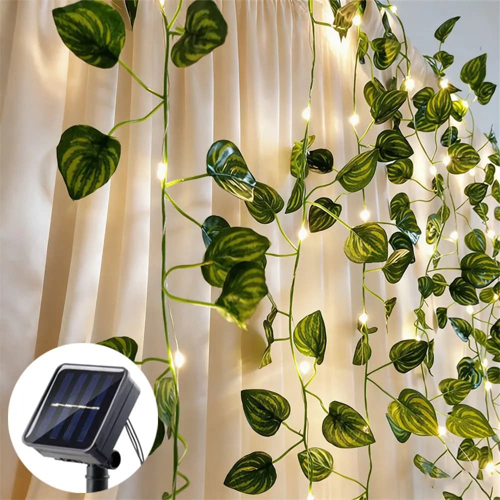 Luci Solari a Stringa con Fiori e Foglie Verdi 10M 5M 2M, Luci Fatate Artificiali a Forma di Vite, Ghirlanda Luminosa per Albero di Natale, Decorazioni per Matrimoni e Casa