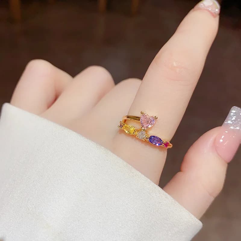 Anello regolabile con zirconi intarsiati di colore di nuova moda, temperamento di lusso leggero da donna, accessori per gioielli di tendenza versatili quotidiani