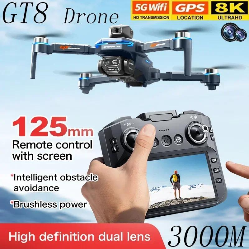 Drone GT8 con Evitamento Ostacoli, Schermo da 4,3 Pollici, Brushless, 2.4G, Flusso Ottico, Doppia Fotocamera HD 8K, Quadricottero FPV Pieghevole