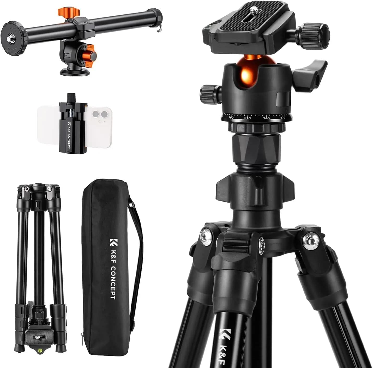 Lightweight Outdoor DSLR Tripod 76 Inches with 360° Ball Head and Rotatable Multi-Angle Center Column, Supports 8kg/17.6lbs Load, Includes Smartphone Holder