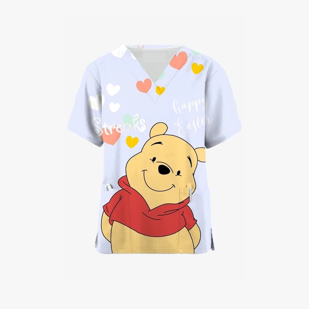 Nuova Divisa Medica da Donna con Scollo a V, Top Corto con Stampa Disney Winnie the Pooh, Uniforme Medica per Veterinaria e Spa
