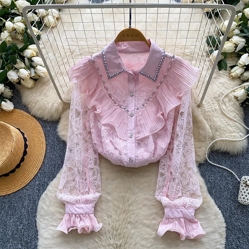 Spring Autumn French Elegant Diamond Set Lace Shirt Women's New Fashion Party Long Sleeve Ruffle Blouse Top W118