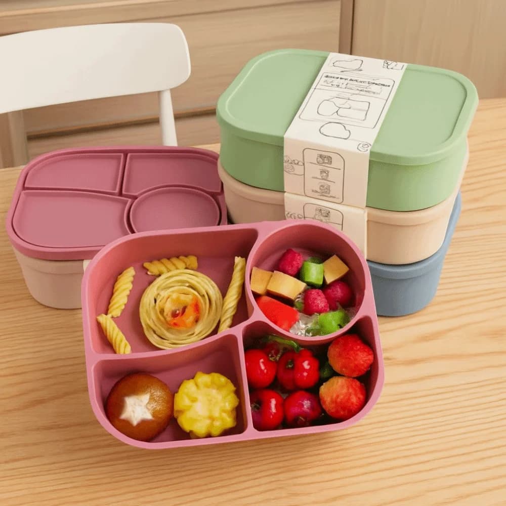Contenitore per Pranzo Rettangolare in Silicone a 4 Scomparti, Ermetico, Resistente al Calore, Adatto al Microonde, per Conservazione Alimenti, per Scuola