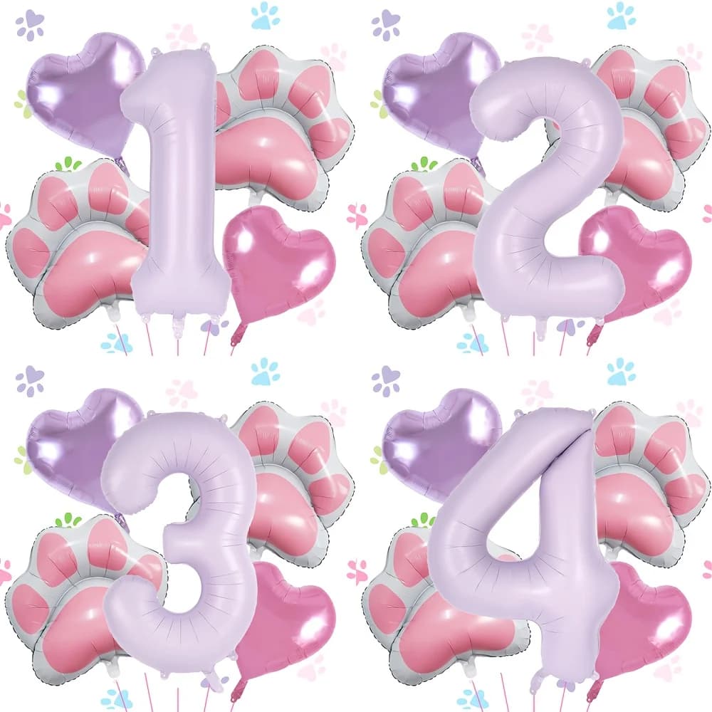 5 pezzi di animali Let's Pawty Dog Cat Paw Palloncino in alluminio da 40 pollici Numero viola Decorazione festa di compleanno Palloncino Baby Shower