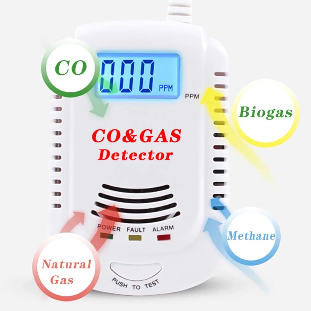 Rilevatore di gas 2 in 1, allarme plug-in per gas naturale/metano/propano/CO, rilevatore di sensori di perdite con suggerimento vocale e display a LED
