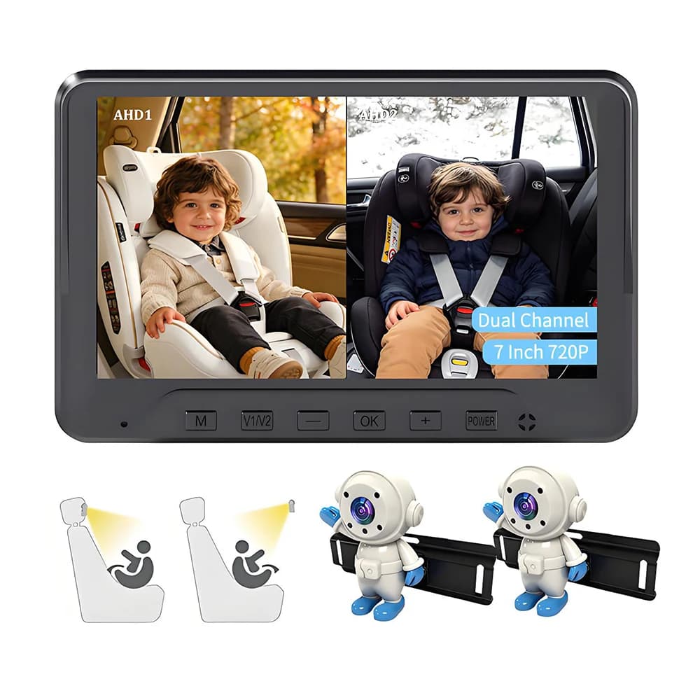 Monitor per Auto per Bambini 7 Pollici AHD con Visione Notturna e Doppia Telecamera, Telecamera di Sicurezza per Bambini e Animali Domestici da Montare sul Sedile Posteriore