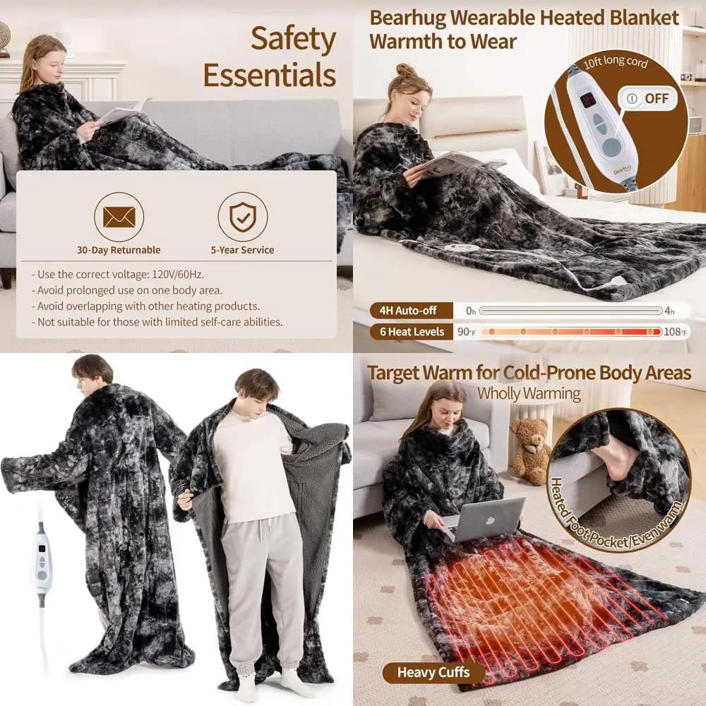Coperta elettrica Sherpa in peluche sintetica 50x70 con tasche sulle piedi e sulle maniche, 6 impostazioni di calore, spegnimento automatico, lavabile in lavatrice, ETL Cert