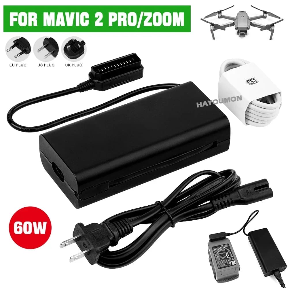 Caricabatterie per Drone DJI Mavic 2 Pro/Zoom con Cavo di Alimentazione AC, Uscita 60W, Ricambio Accessorio