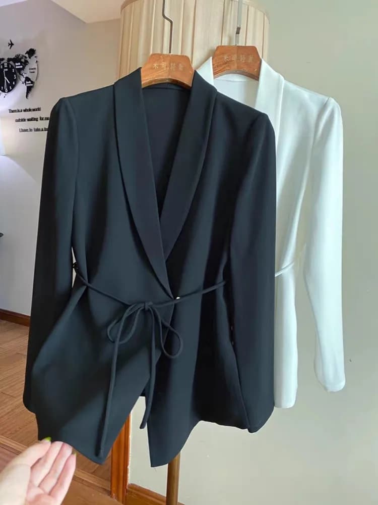 Korean Style Spring Autumn Chic Womens Jacket Tempering Ladies Top Collar Dress Short Coat Women Lace Up Slim Fit Outwear