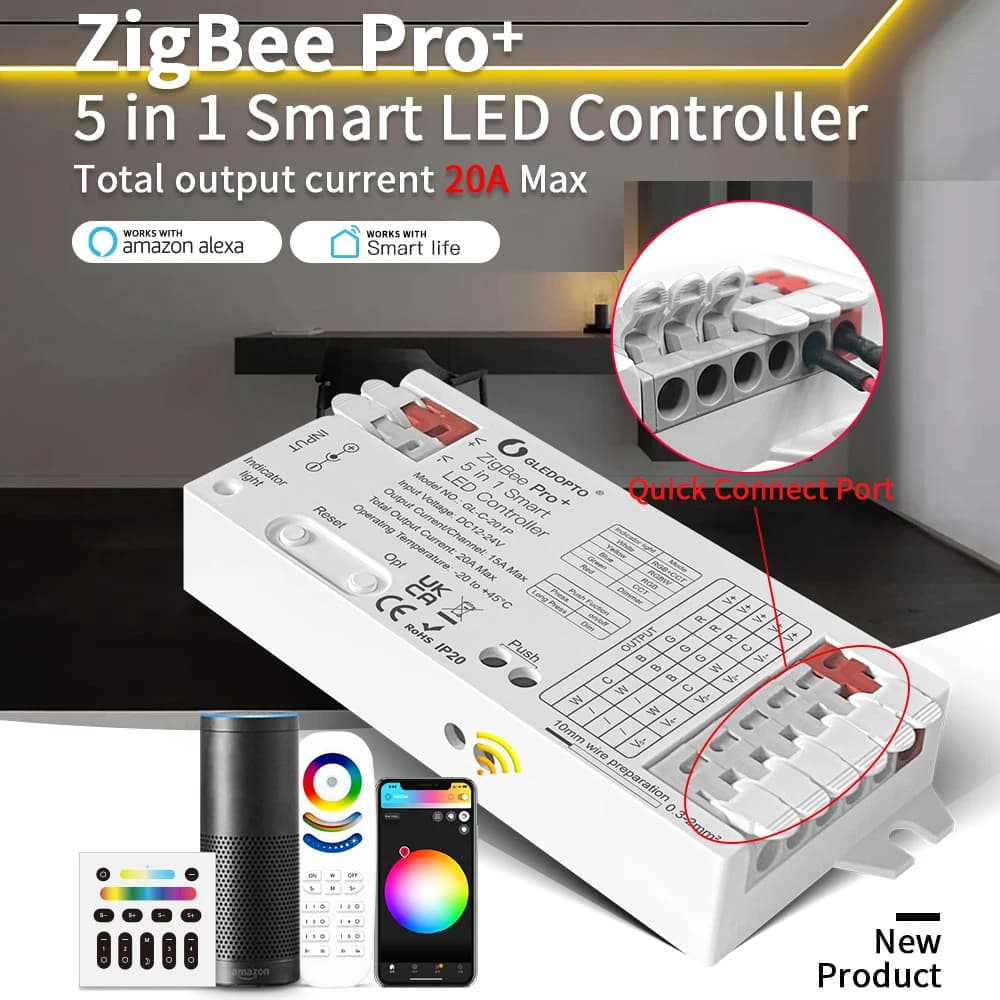 Controller LED Smart ZigBee 3.0 5 in 1 12V 24V 20A, richiede Hub Bridge ZigBee per strisce LED RGBWW RGBW RGB CCT COB, compatibile con Alexa