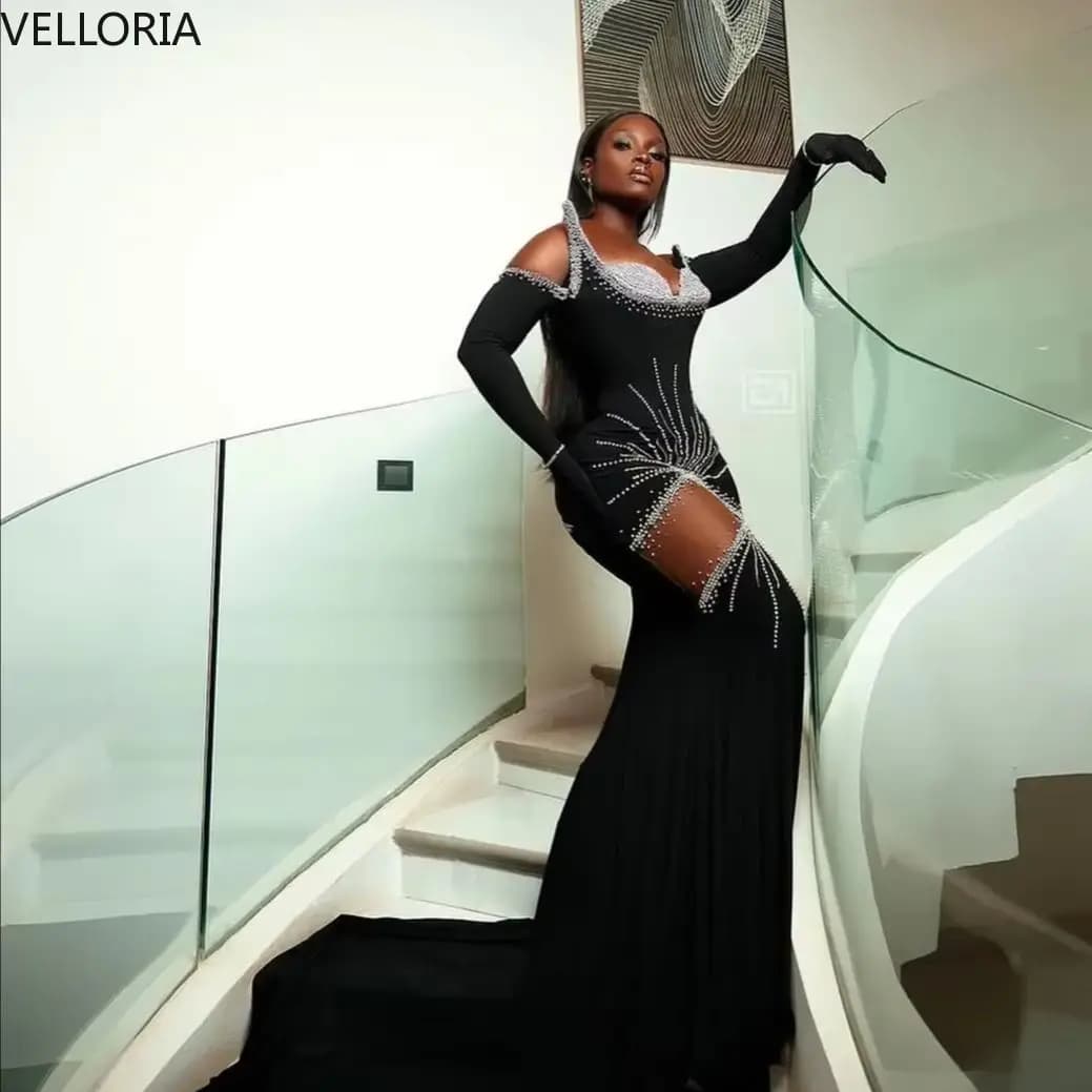 Abito da Sera Lungo di Lusso Stile Sirena Aso Ebi con Diamanti Neri e Inserti Trasparenti, Abito da Festa per Donne Africane Personalizzabile