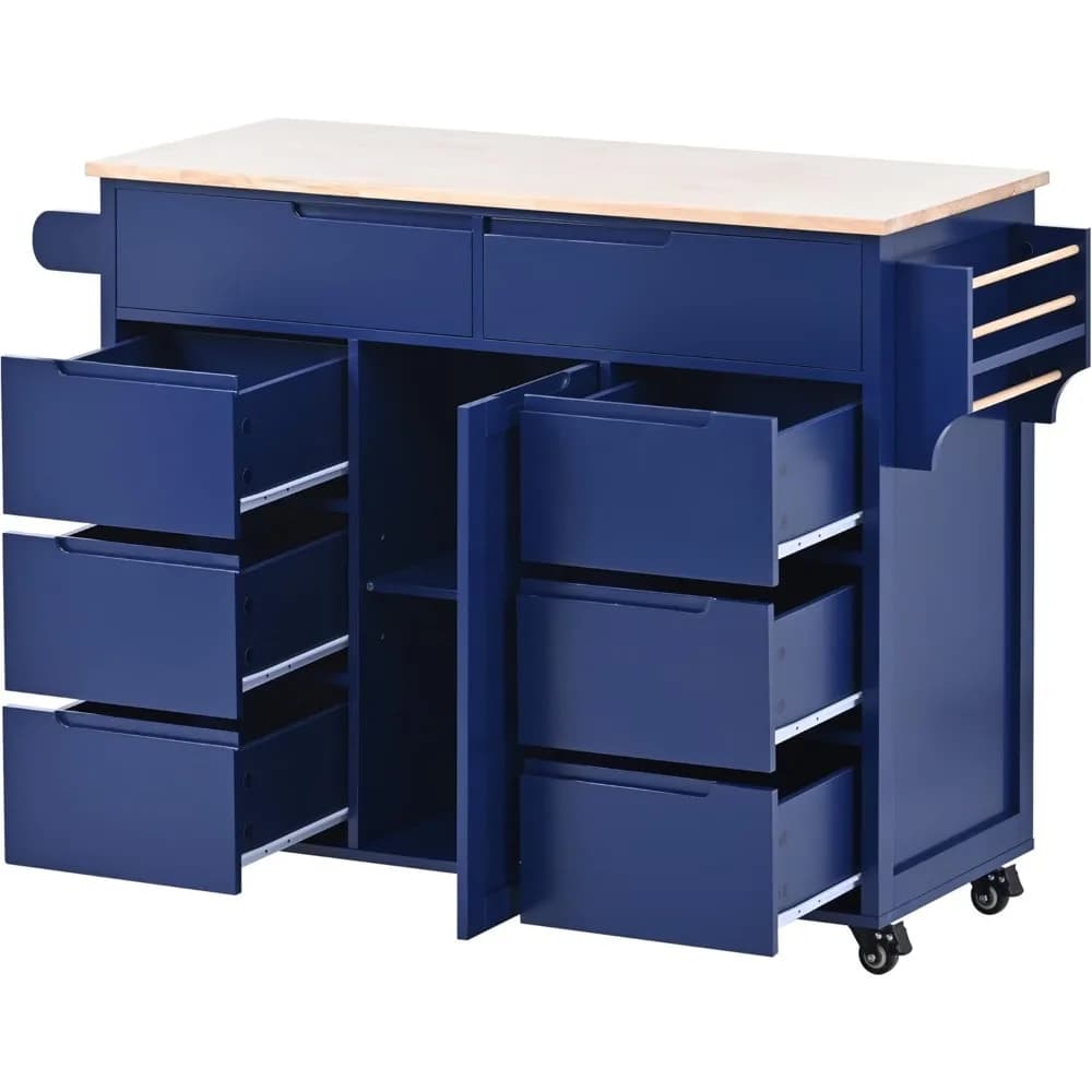 Carrello mobile per isola da cucina con bar per la colazione, portaspezie, portasciugamani, 8 cassetti e 5 ruote per sala da pranzo