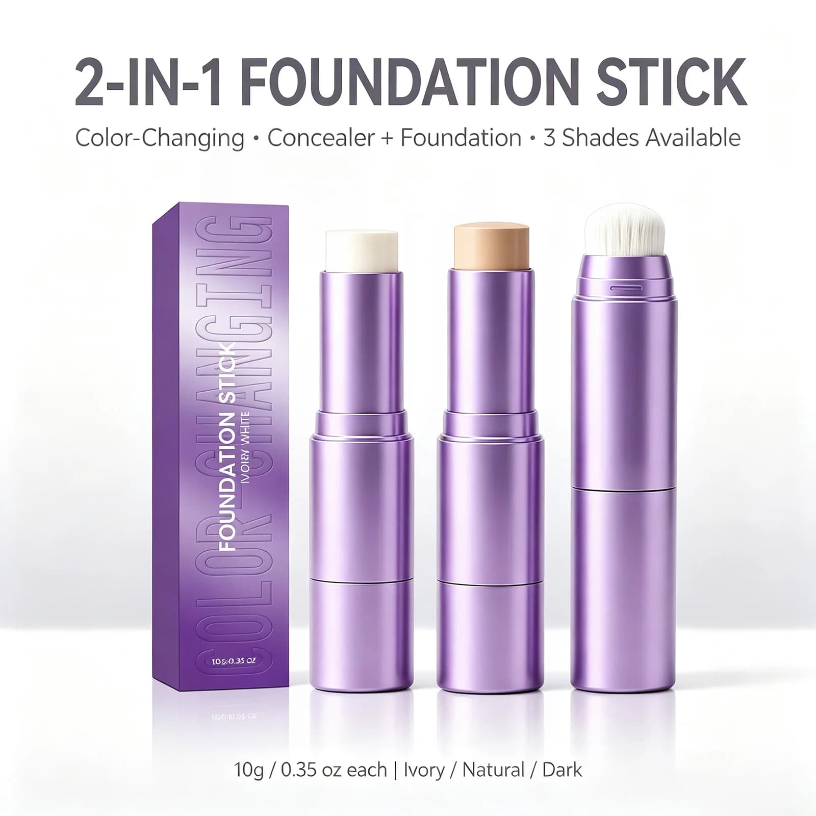 3 Color Changing Foundation 2 in 1 Concealer with Brush for Hydrating Long Lasting Matte Base Makeup Light Coverage Concealer