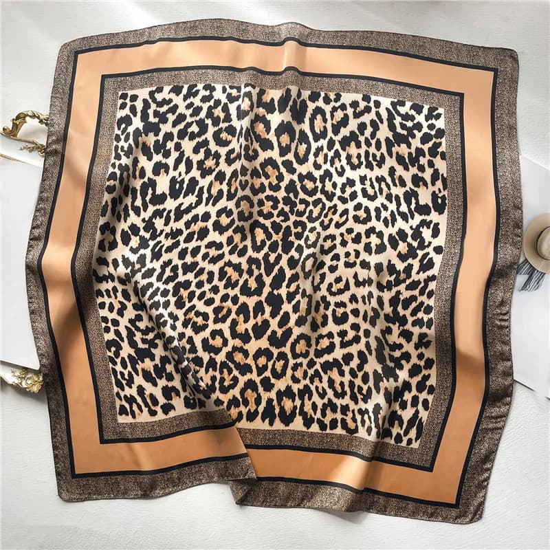 Fashion Scarf 70*70cm with Leopard Print for Women, Spring/Summer, Soft with Satin Edges, Square Bandana, Sun Protective Slide