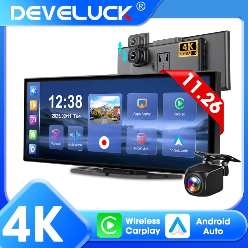 Develuck NEW 11.26 inches 4K DVR Wireless CarPlay and Android Car Portable Dash Cam Car Video Recorder 5G WIFI Navigation