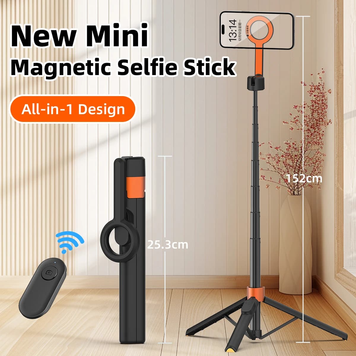 Treppiede Magnetico da 60 Pollici per iPhone, Bastone Selfie Magnetico Compatibile con Serie iPhone 12-17 con Anello in Metallo