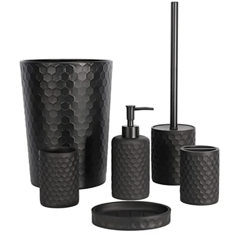 Set di Accessori per il Bagno - Set di 6 Pezzi con Cestino, Portaspazzolino, Bicchiere per Spazzolino, Dispenser Sapone, Sapone