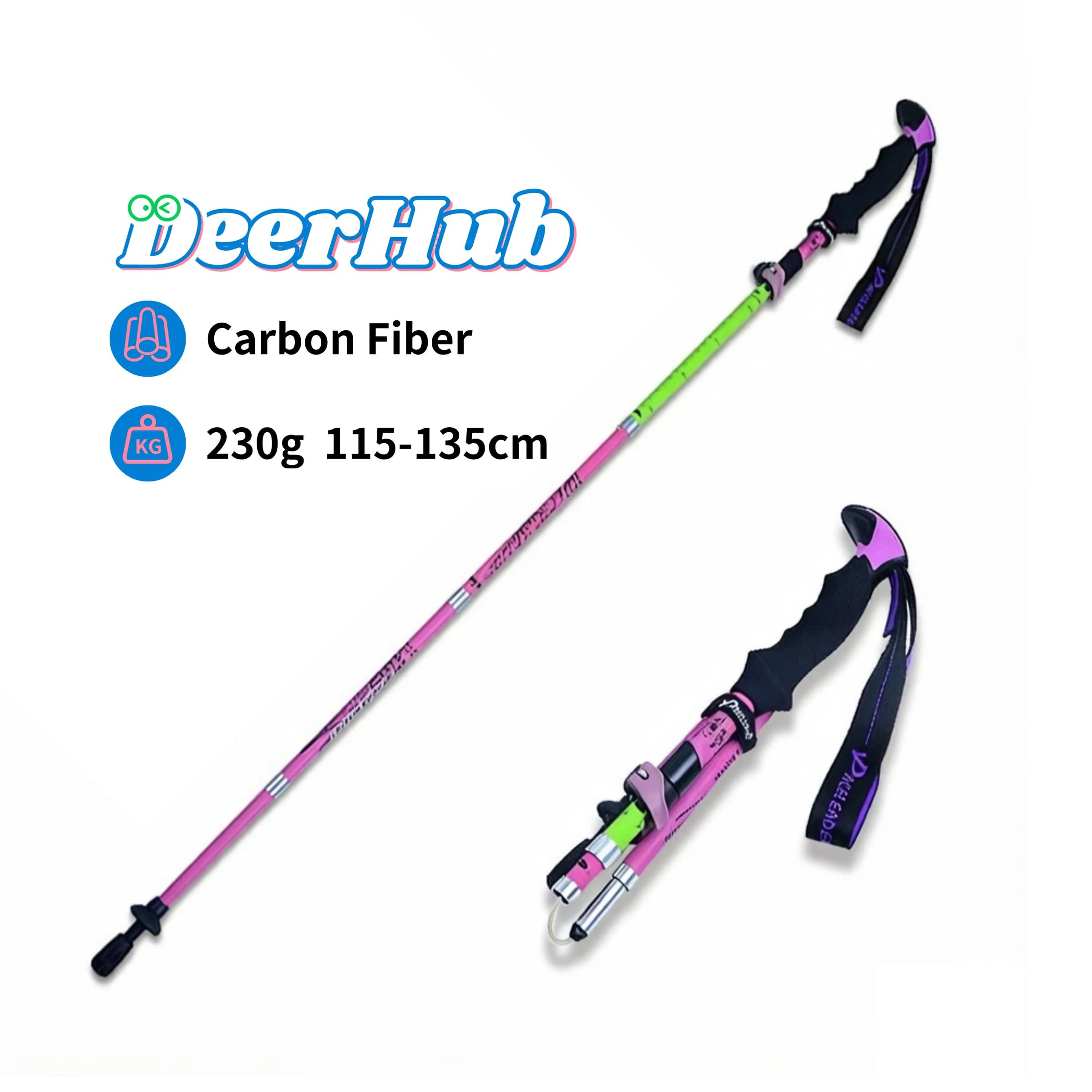 DeerHub Carbon Fiber Trekking Poles: Foldable, Adjustable 115-135cm, Ultra-Light 230g with Carry Bag