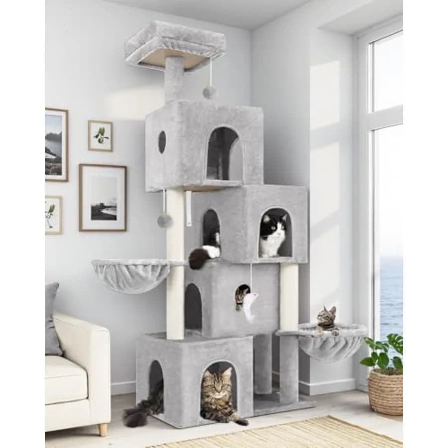Grande Albero per Gatti da Interno Alto 70 Pollici con 4 Case Spaziose, 3 Tiragraffi in Sisal, 2 Cesti Sospesi Regolabili C