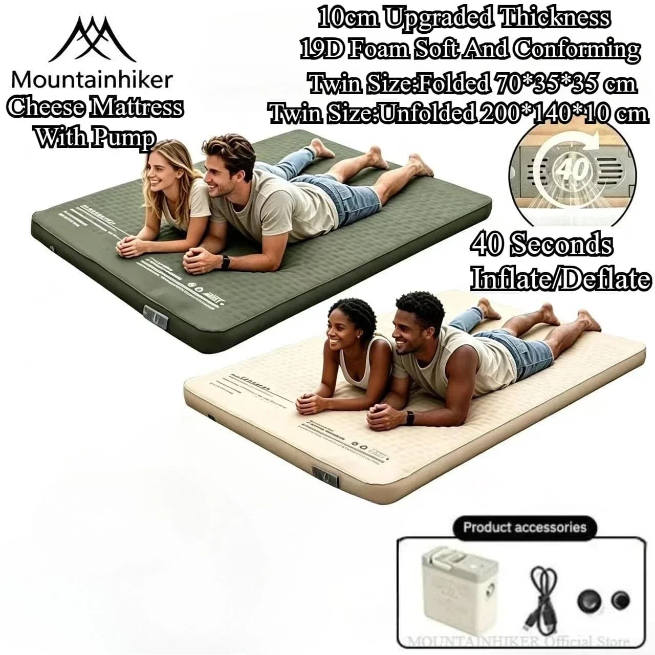 MOUNTAINHIKER Materasso Gonfiabile Alto 10CM Edizione Migliorata con Borsa per il Trasporto, Tappetino Portatile per Campeggio