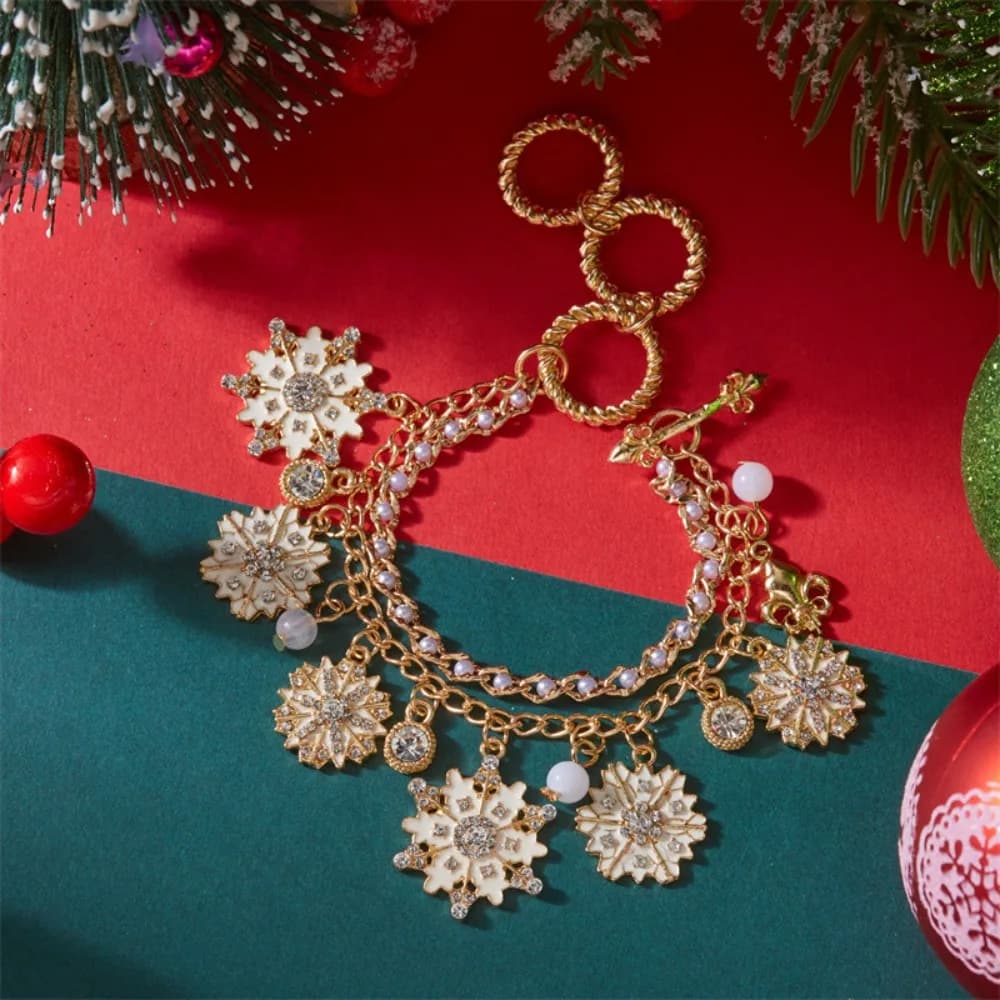 Orecchini con bracciale a doppio strato con pendente in nappa di perle con fiocco di neve in zircone con temperamento alla moda Set per gioielli natalizi da donna