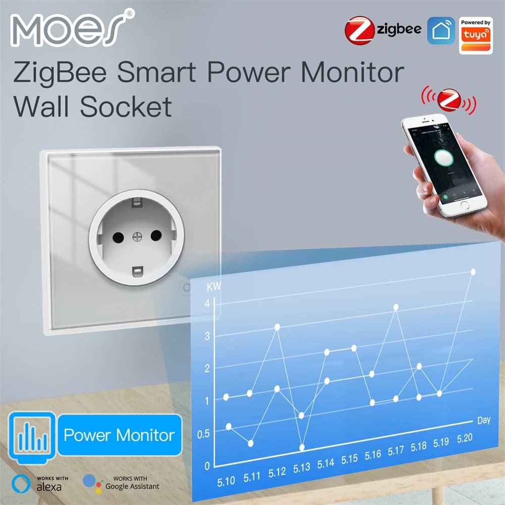 Presa a muro intelligente MOES ZigBee, presa per pannello in vetro, Monitor di alimentazione, rete di controllo Wireless tuya con Timer,Alexa Google Home voice EU