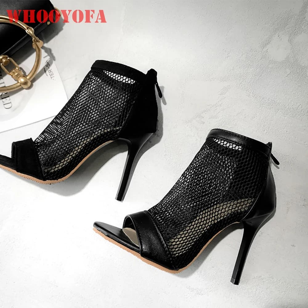 Nuovi Sandali Estivi Neri da Donna con Tacco Alto Sottile, Punta Tonda in Rete, Scarpe Eleganti da Cerimonia, Taglie Grandi 11 43 45 48