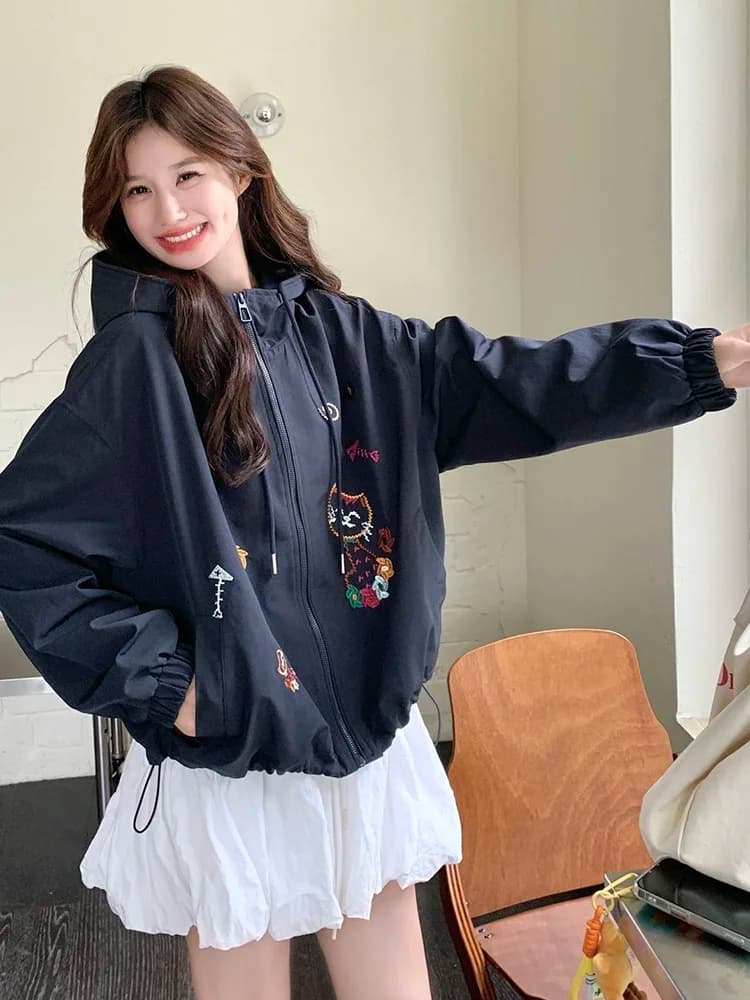 Cartoon Cute Retro Jacket Women Spring Preppy Style Embroidery Kawaii Coat Japan Harajuku Long Sleeve Vintage Hooded Outwear Top