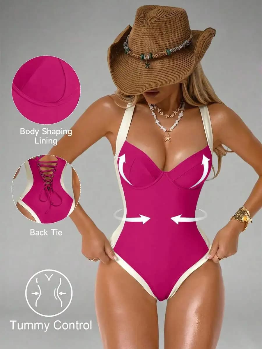 Costume da bagno intero da donna con controllo della pancia, con inserti laterali push-up e effetto snellente