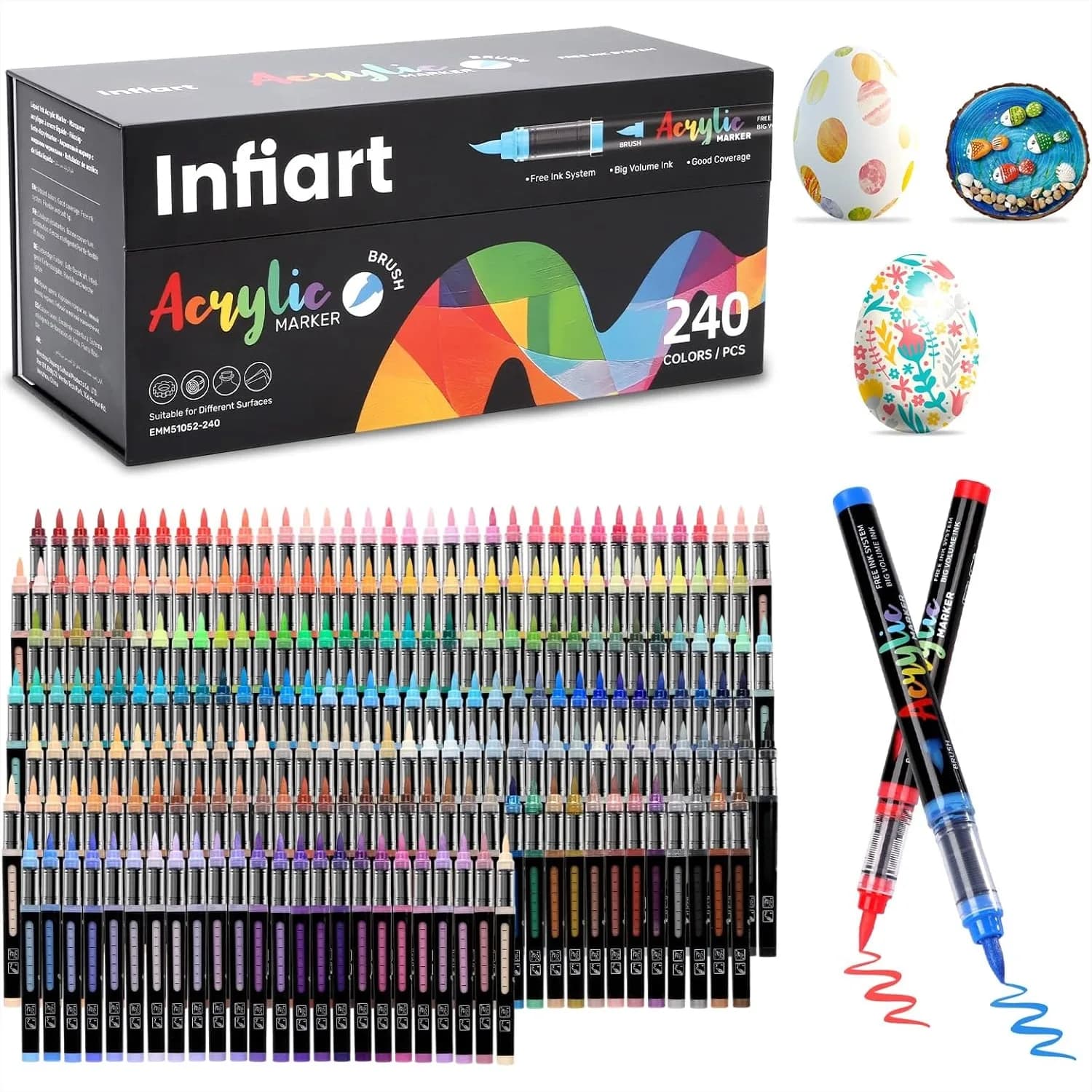 240 Acrylic Paint Markers with Brush Tip, Automatic Ink Control Pens for Rock, Wood, Glass, DIY Art Supplies
