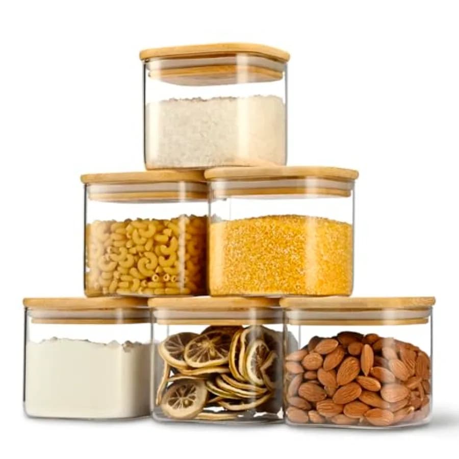 Curated Picks 22oz Airtight Square Spice Containers with Bamboo Lid Set of 6 650ml Kitchen Pantry Organization Jar Stackable Sp