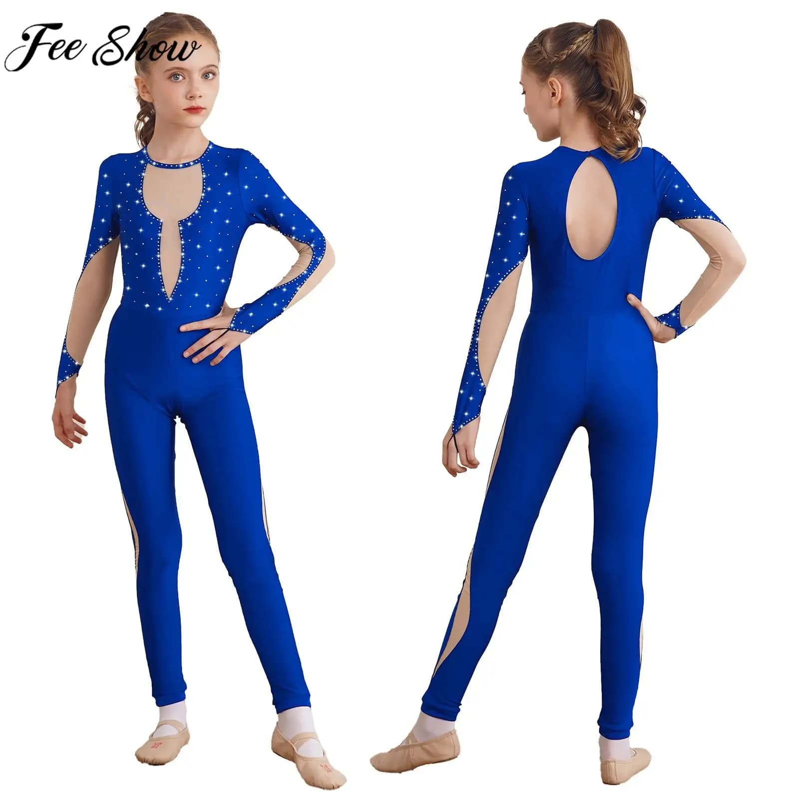 Tuta da performance di pattinaggio di figura per ragazze Balletto Danza Ginnastica Acrobazie Body da yoga Manica lunga Body in rete trasparente lucida