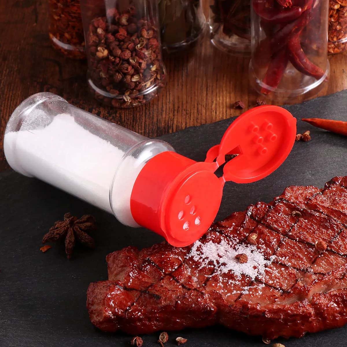 Set di 12 Barattoli per Spezie in Plastica Trasparente con Coperchio Girevole, Contenitori per Sale e Pepe, per Cucina e Sala da Pranzo