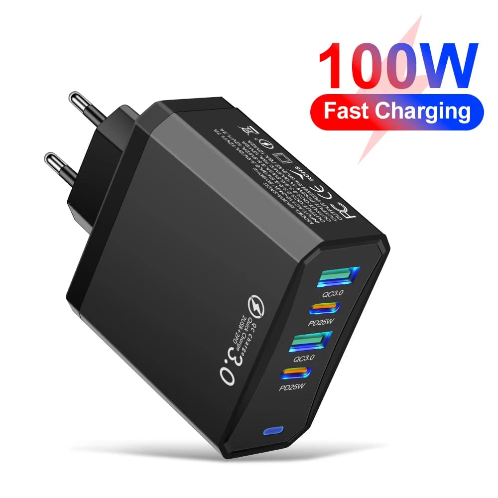 Totale 100 W 4 in 1 2 USB 2 Tipo C Caricatore da muro veloce a ricarica rapida per iPhone Samsung Xiaomi Huawei Oppo Adattatore per telefono cellulare